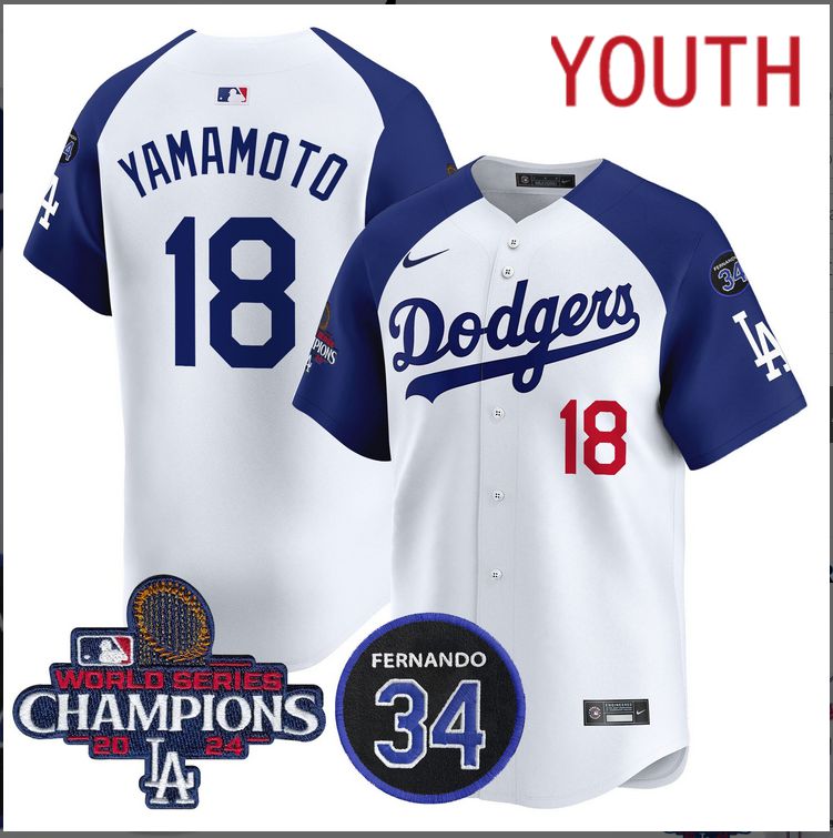 Youth MLB Los Angeles Dodgers #18 Yamamoto white 2024 World Series Champions Patch Limited Jersey style 2